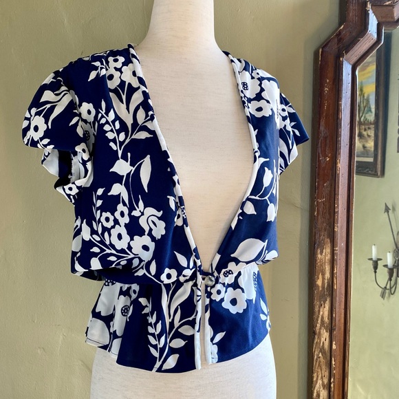 Floral Cardigan Blouse , 1960s 1970s Vintage, Navy Blue & White, Tropical - Picture 1 of 10